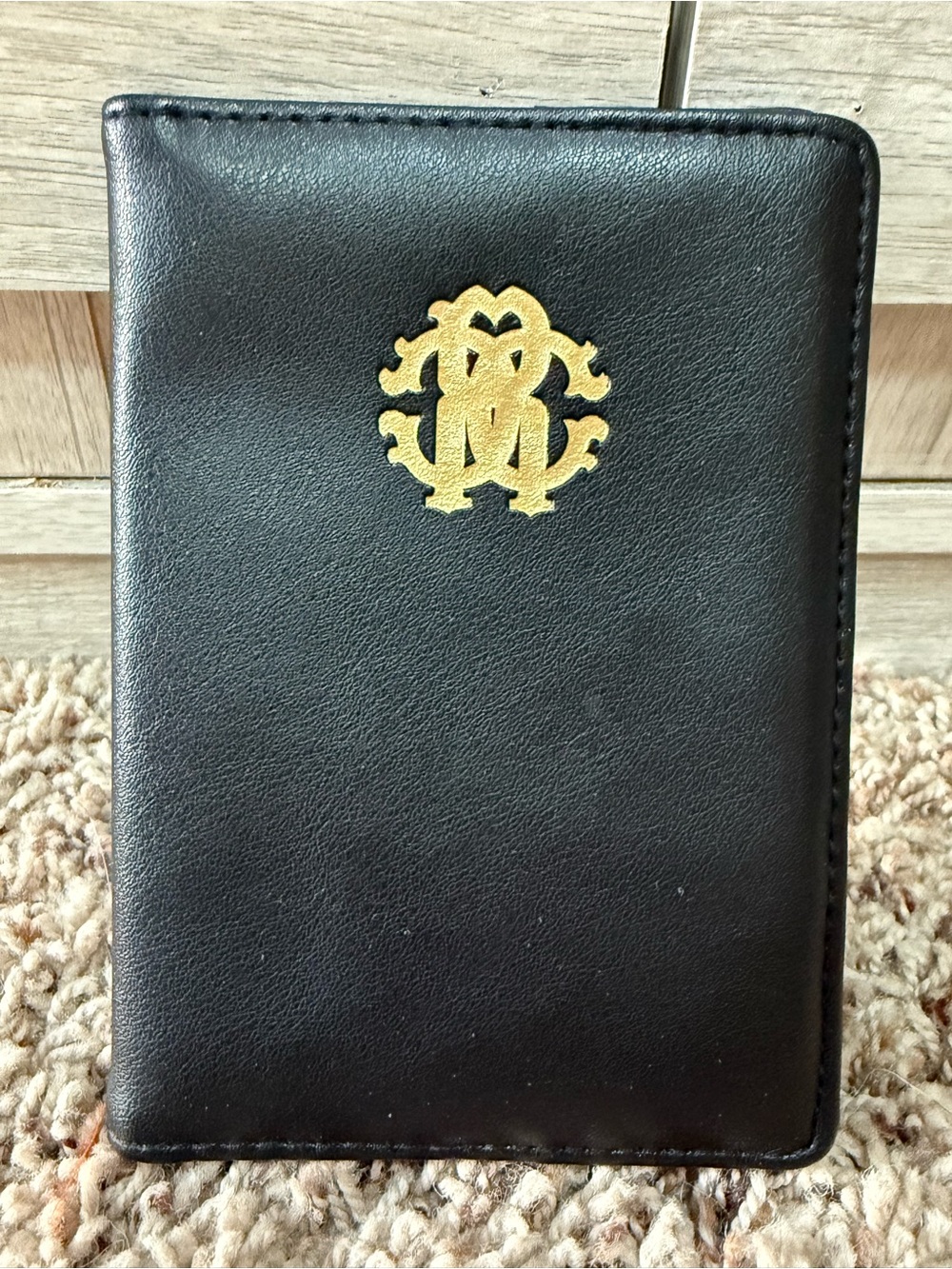 Roberto Cavalli Black Leather Passport Holder Case-Gold RC Monogram-Zebra print